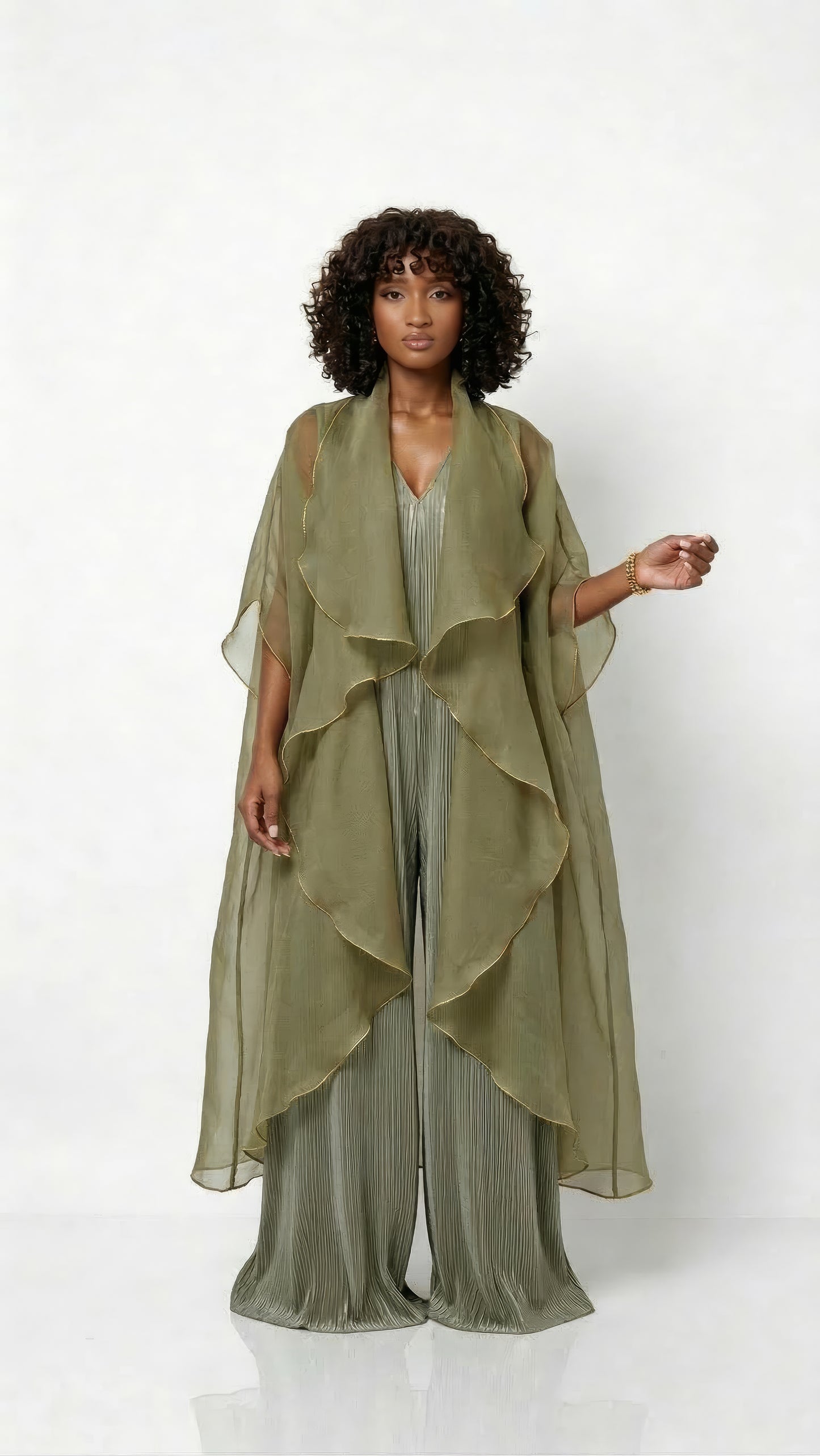 Saeeda Set in earthy laurel green worn by a model.