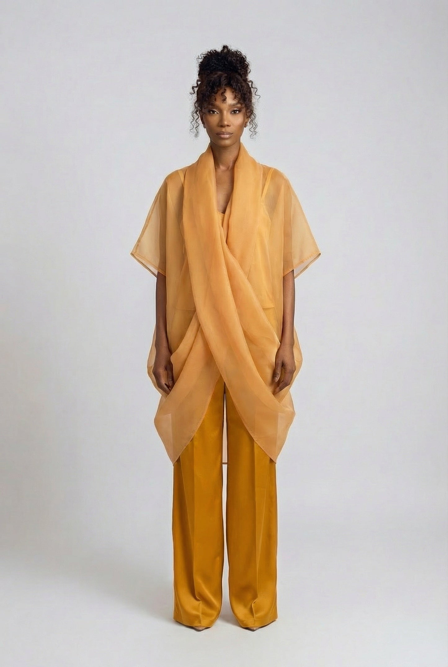 Gold Layla Set (sheer organza top with Mikado wide-leg pants) from Nahota Kanma, featuring draped silhouette and relaxed fit.