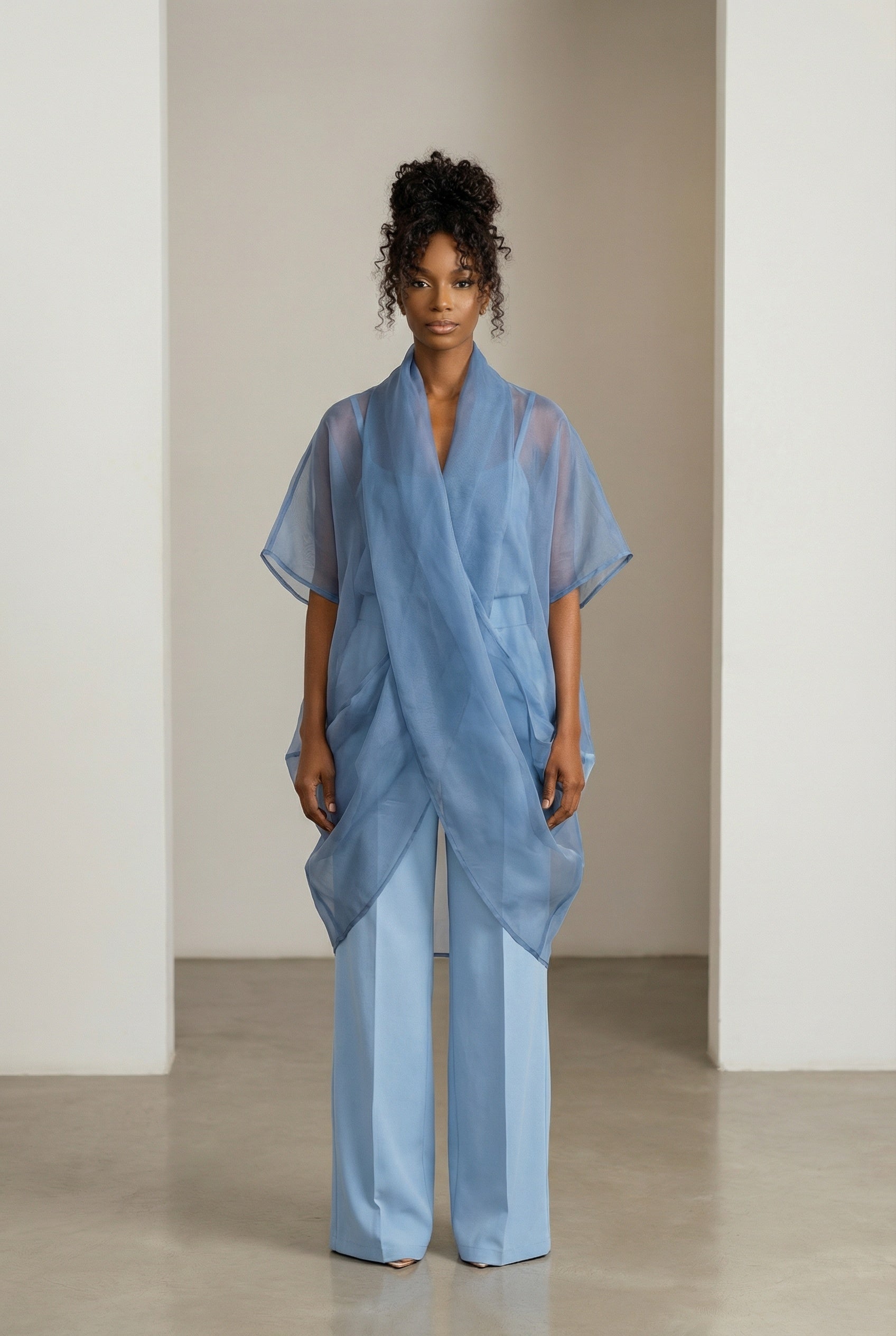 Sky wash Blue Layla Set (sheer organza top with Mikado wide-leg pants) from Nahota Kanma, featuring draped silhouette and relaxed fit.