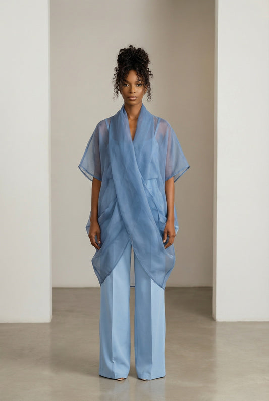 Sky wash Blue Layla Set (sheer organza top with Mikado wide-leg pants) from Nahota Kanma, featuring draped silhouette and relaxed fit.